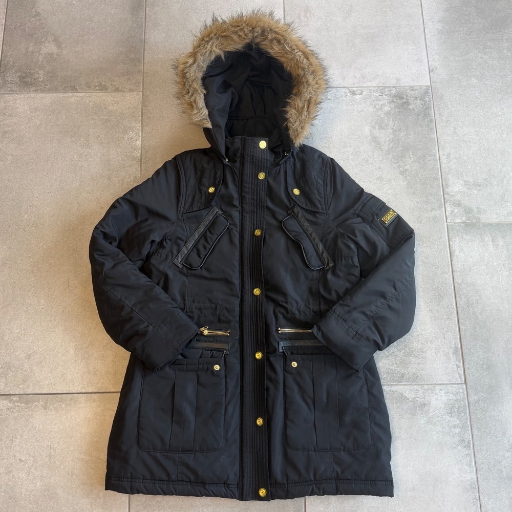 Coogi Australia Women Black Parka Jacket Faux Fur Hood Gold Hardware Large
